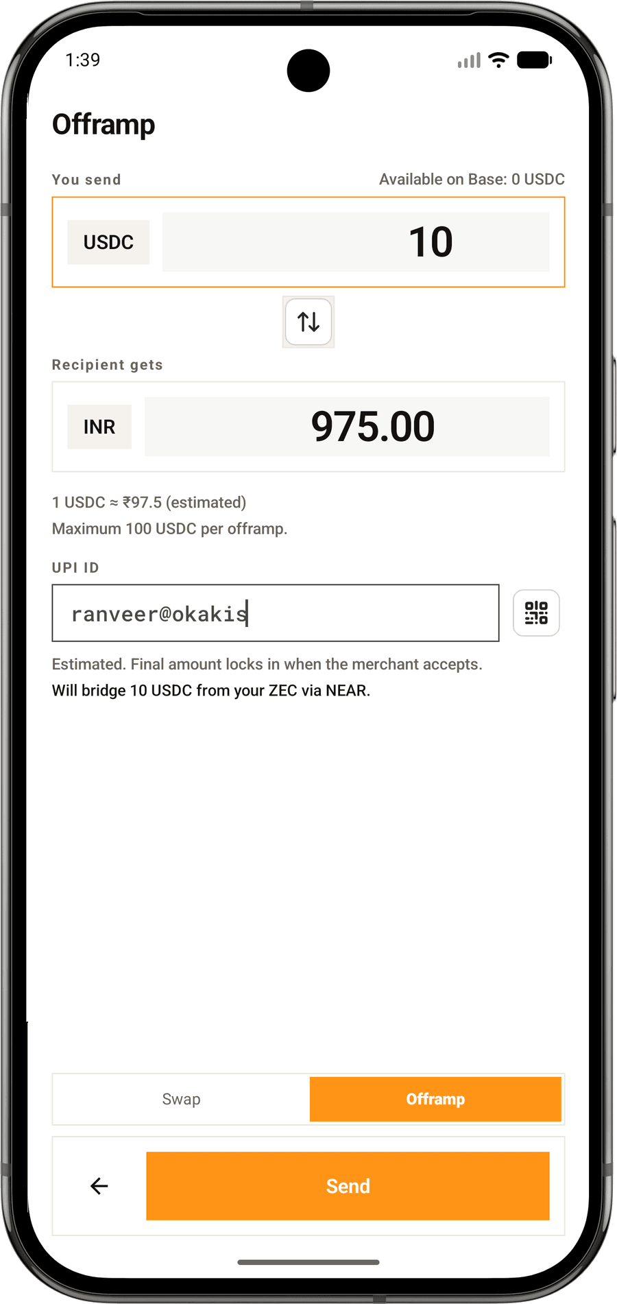 Zapp offramp screen converting USDC from shielded ZEC into Indian Rupees over UPI