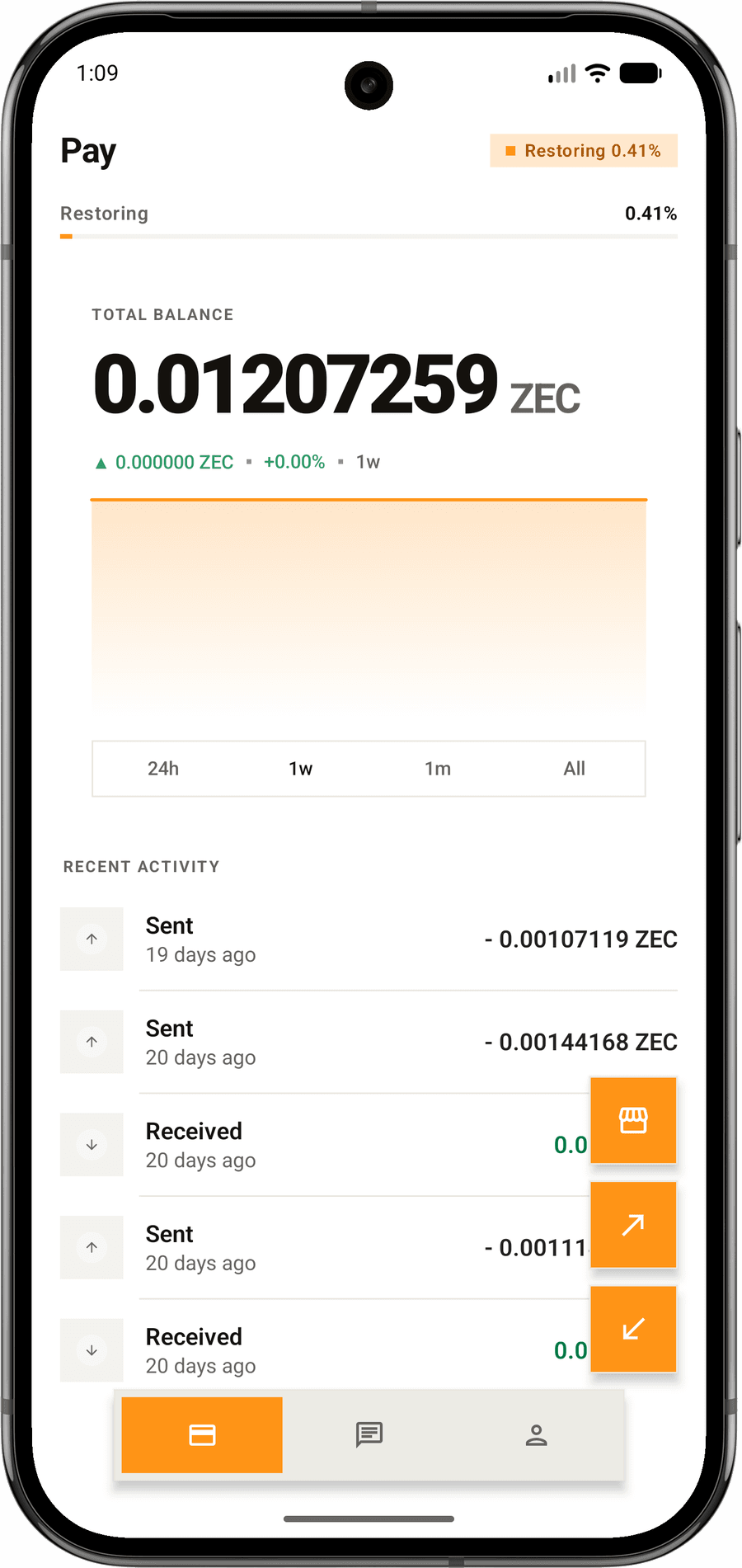 Zapp wallet screen on a phone showing a shielded ZEC balance and recent activity