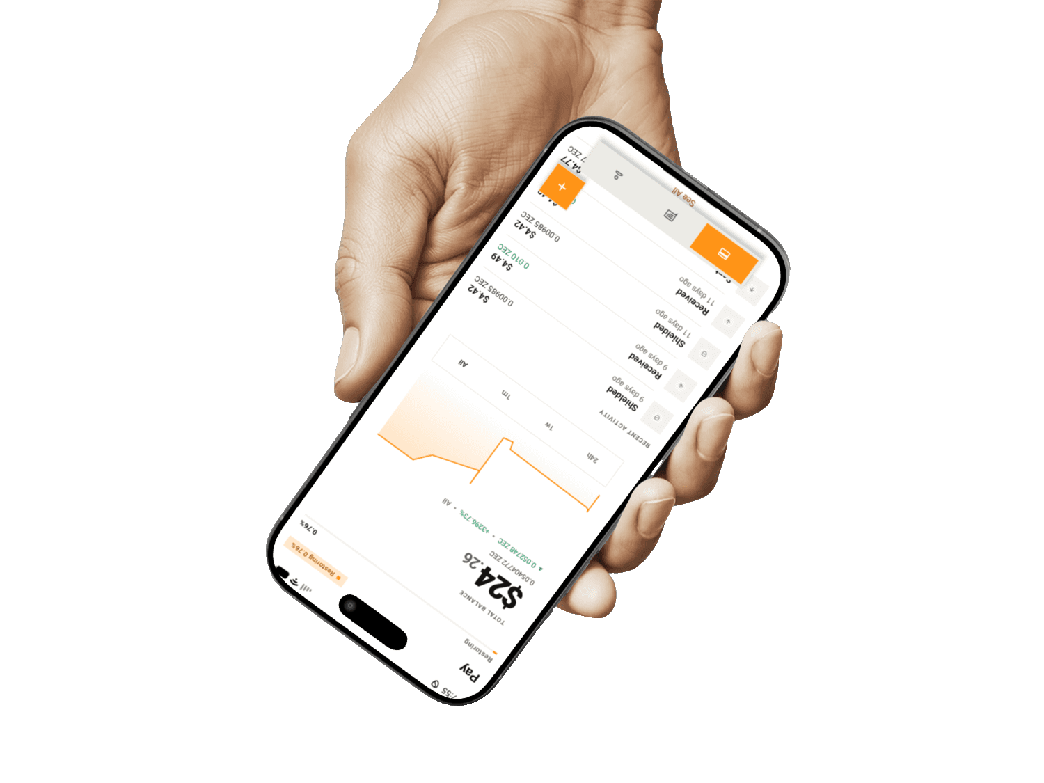 A hand holding a phone showing the Zapp shielded ZEC wallet with total balance and recent activity